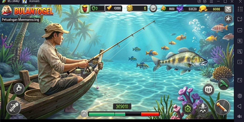 Tampilan gameplay BULANTOGEL dengan beragam lokasi memancing.