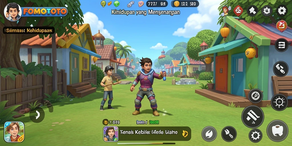 Tampilan screenshot permainan FOMOTOTO dengan berbagai elemen simulasi.