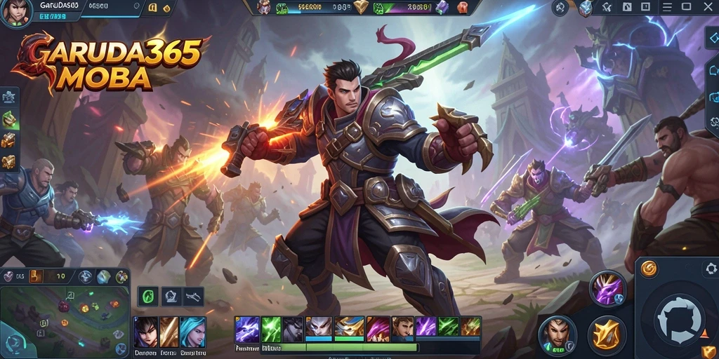 Screenshot GARUDA365 menunjukkan pertarungan intens dengan aksi MOBA yang mendebarkan.