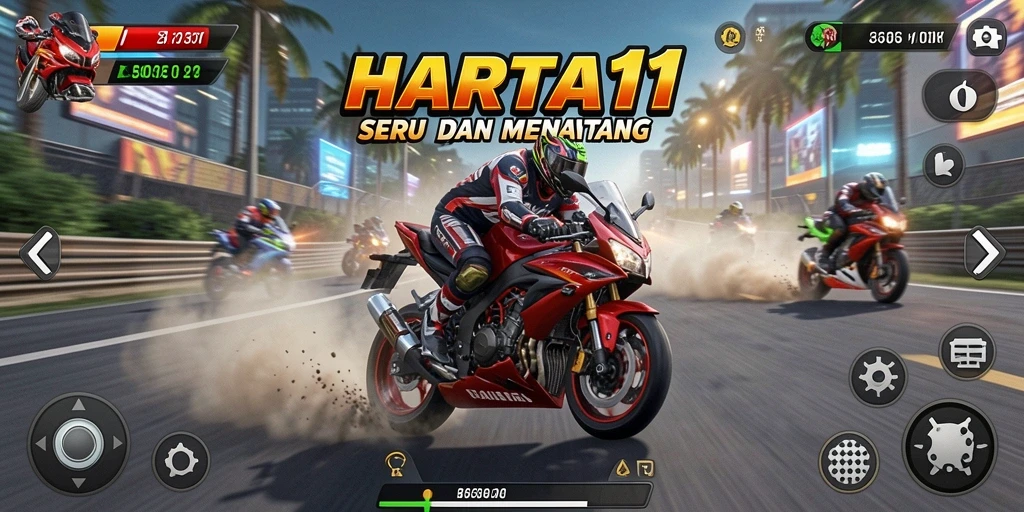 Tampilan gameplay HARTA11 yang mendebarkan dan penuh aksi balapan motor.