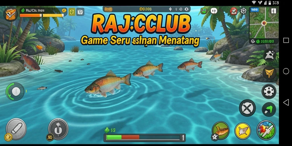 Screenshot gameplay RAJACLUB menampilkan keseruan memancing di alam yang indah.