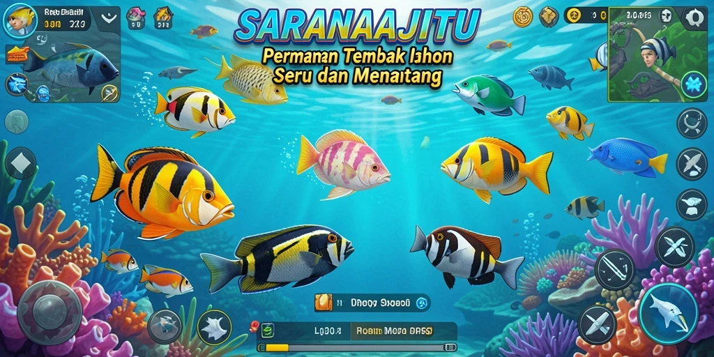 Tampilan gameplay SARANAJITU yang menampilkan aksi menembak ikan.